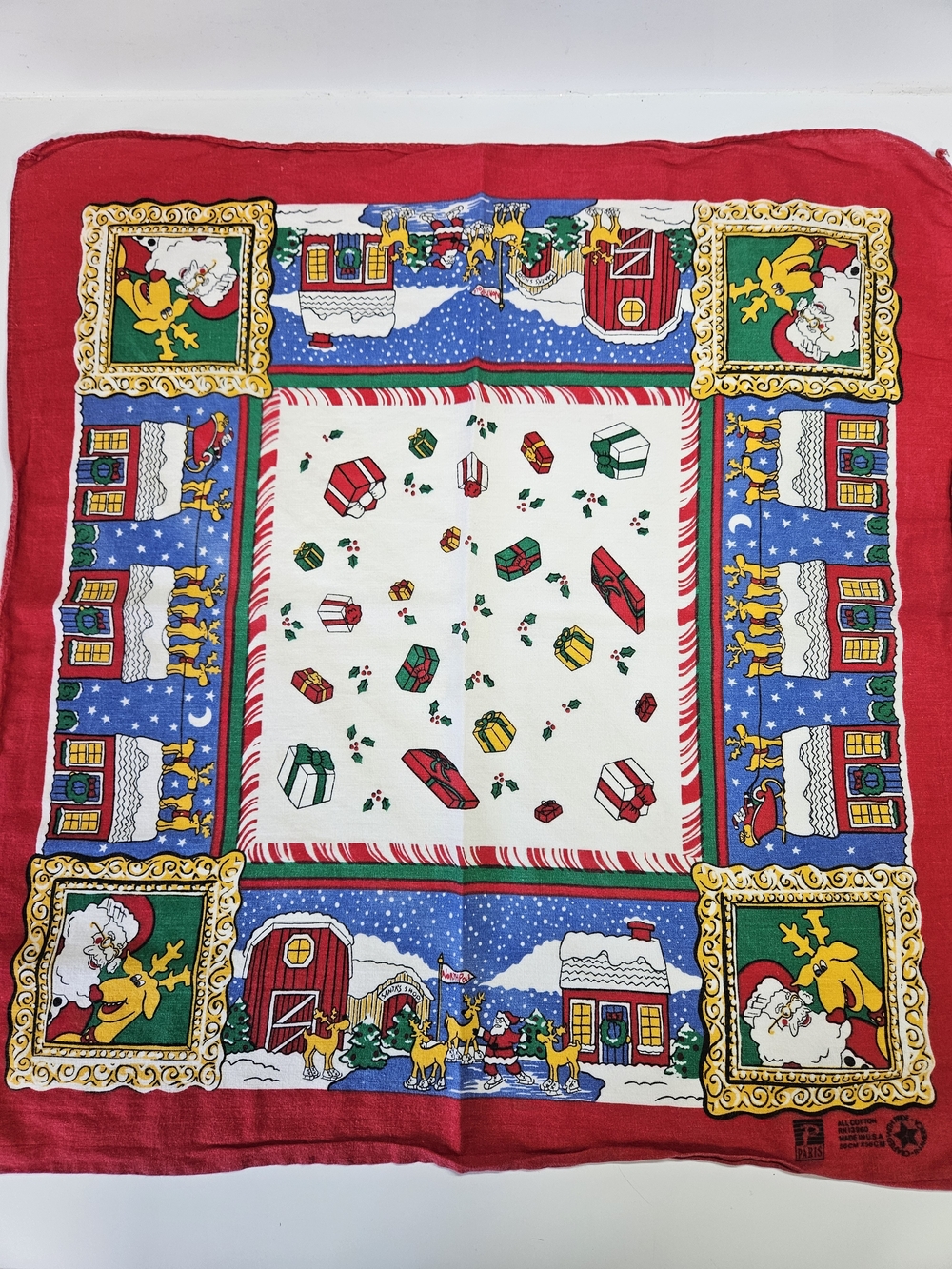 VINTAGE Christmas Square Bandana USA Made Paris Santa Reindeer 21" x 21"